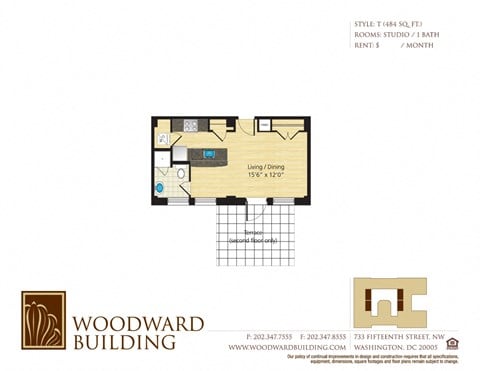 Floor plan for studio, 1 bath, 484 sqft